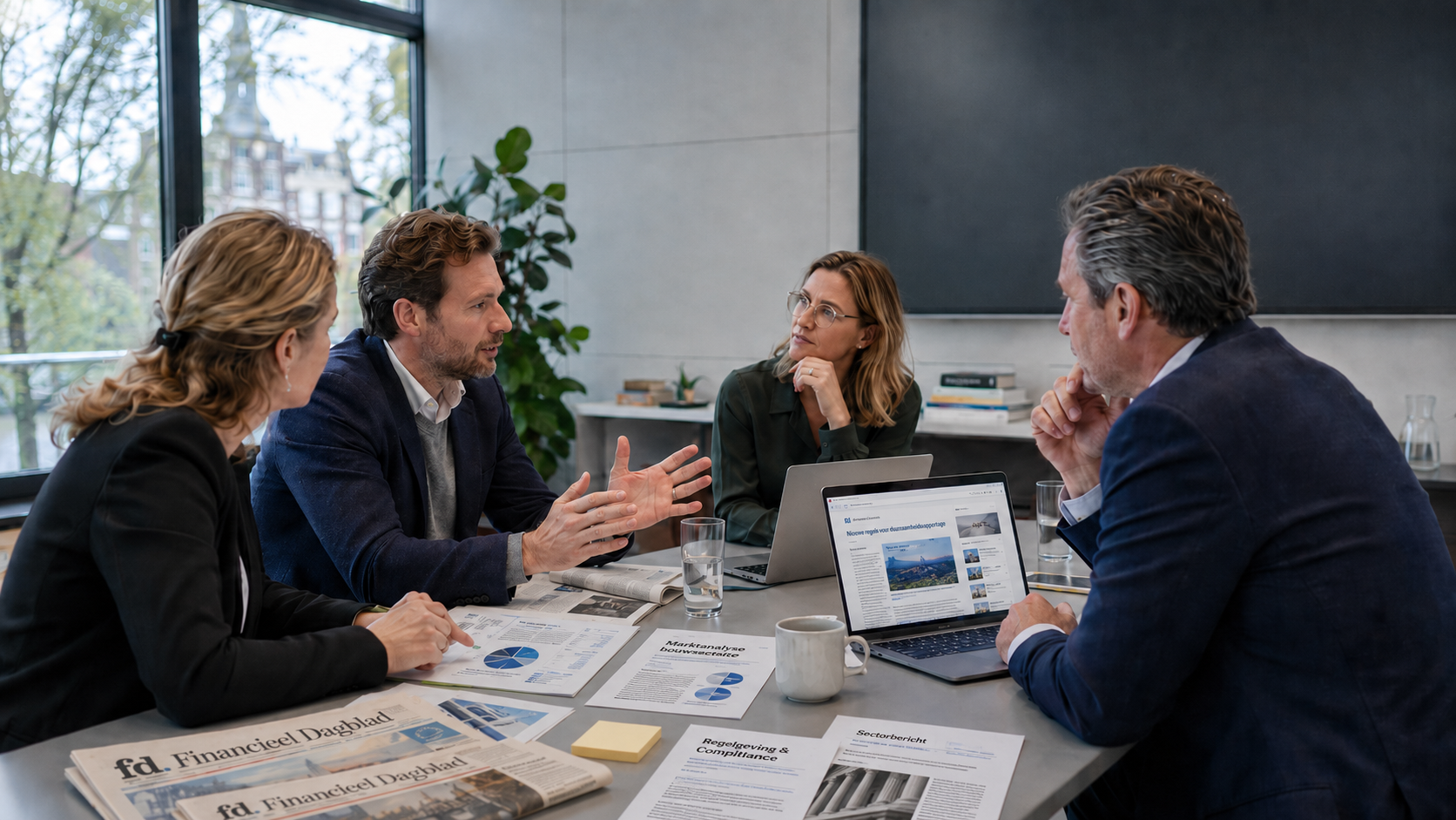 Team van een branchevereniging bespreekt ledenwaarde, sectordata en regelgeving aan de hand van nieuwsbronnen, rapporten en digitale inzichten.
